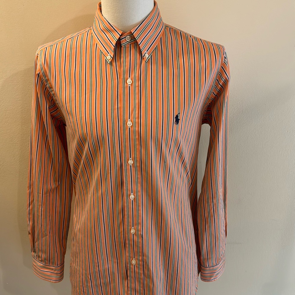 Ralph Lauren Orange Stripe Custom Fit 15 1/2 Neck Long Sleeve